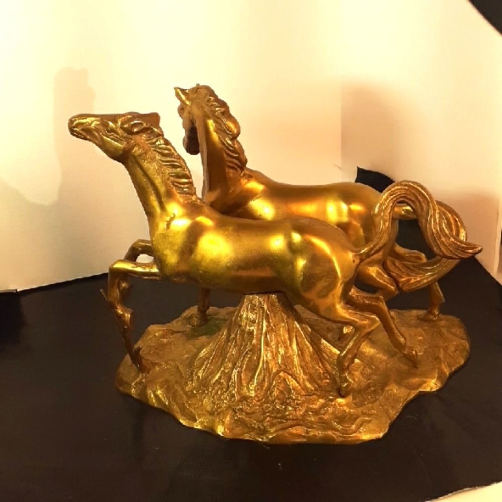 Vtg. Solid Brass Statue Of 2 Horses Running/prancing. 6 1/2" Tall X 10 L